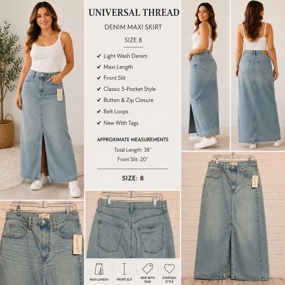 Universal Thread Denim Maxi Skirt Size 8 Light Wash Front Slit NWT